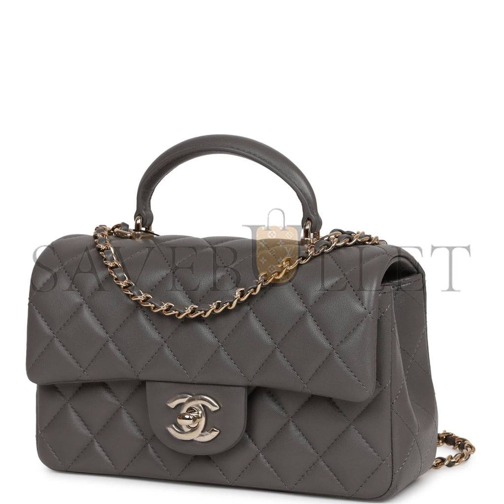 Ch*el mini rectangular flap bag with top handle dark grey lambskin light gold hardware (22*15*8cm)