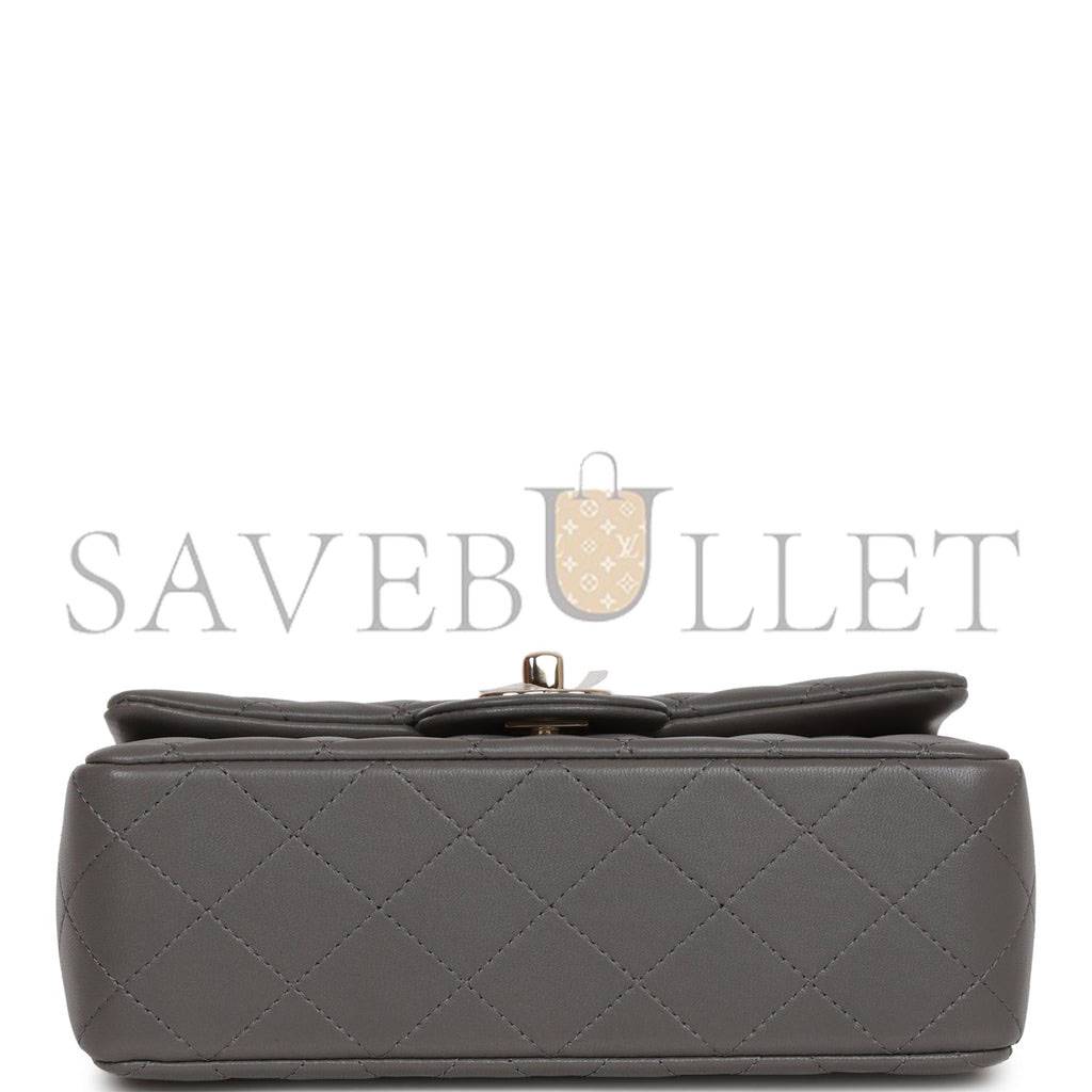 Ch*el mini rectangular flap bag with top handle dark grey lambskin light gold hardware (22*15*8cm)