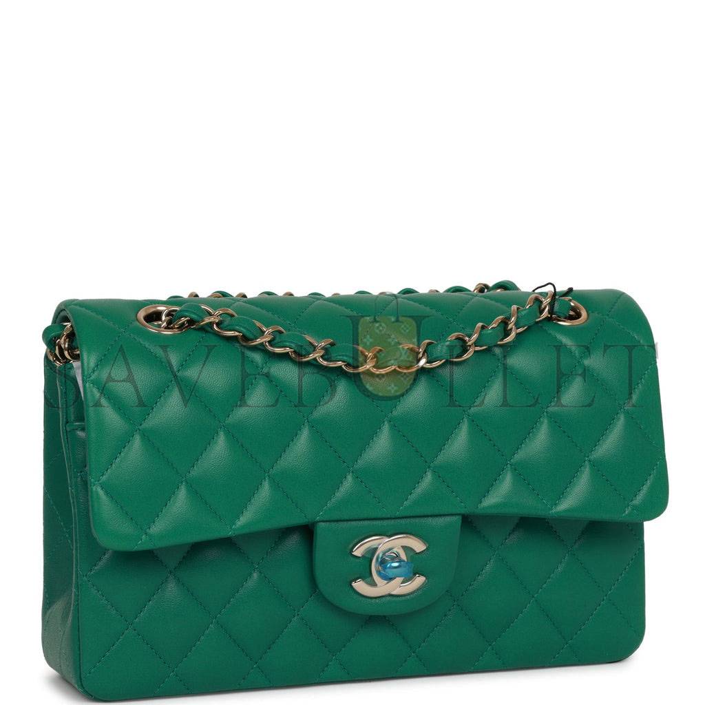 Ch*el small classic double flap bag green lambskin light gold hardware (23*13*6cm)