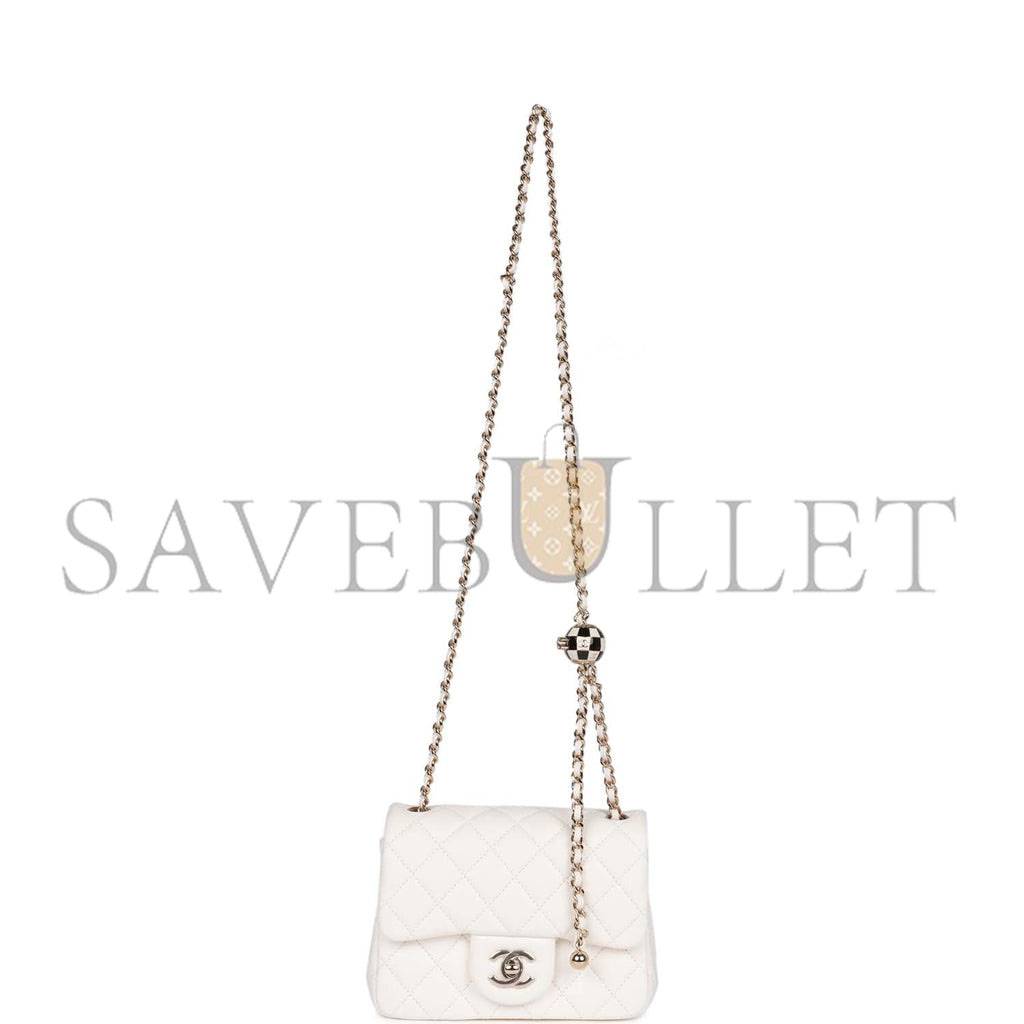 Ch*el pearl crush mini square flap bag white lambskin light gold hardware (17*14*8cm)