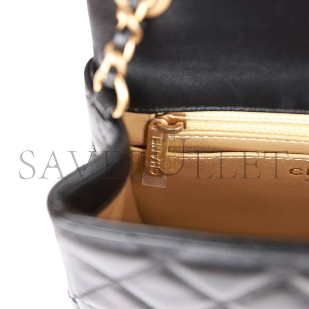Ch*el pearl crush mini square flap bag black lambskin antique gold hardware (17*14*8cm)