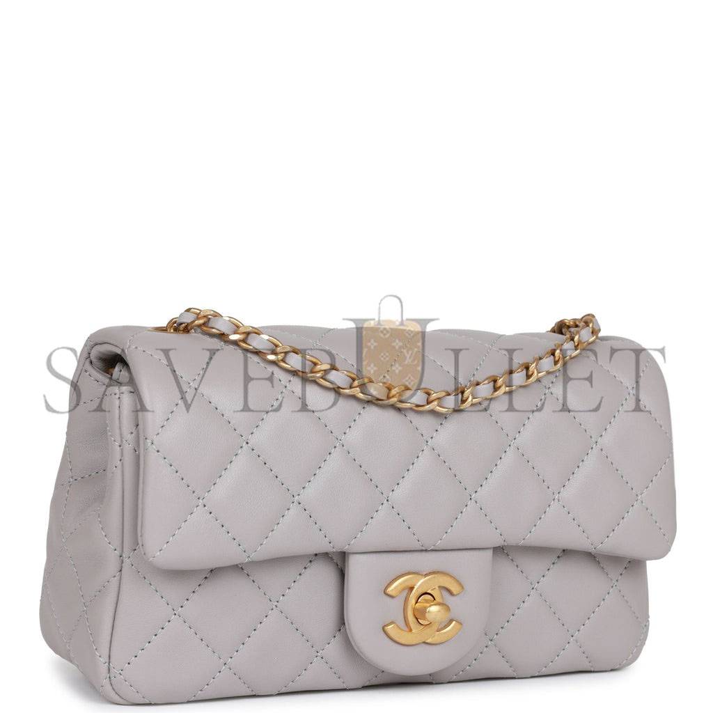 Ch*el pearl crush mini rectangular flap bag light grey lambskin antique gold hardware (20*13*6cm)