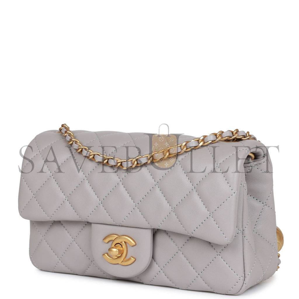 Ch*el pearl crush mini rectangular flap bag light grey lambskin antique gold hardware (20*13*6cm)