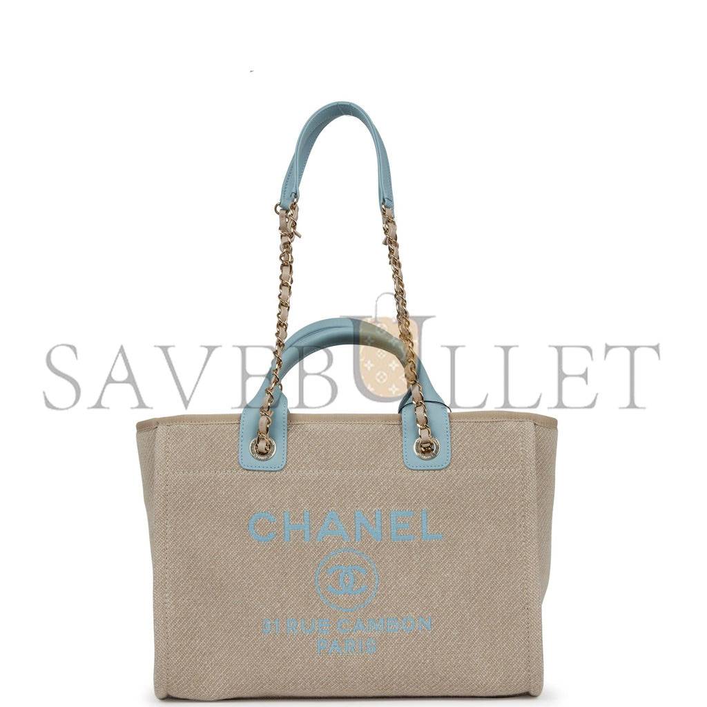 Ch*el small deauville shopping bag blue and beige boucle light gold hardware (34*27*15cm)