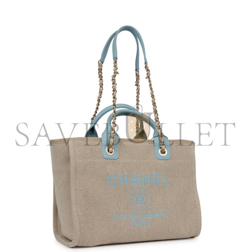 Ch*el small deauville shopping bag blue and beige boucle light gold hardware (34*27*15cm)