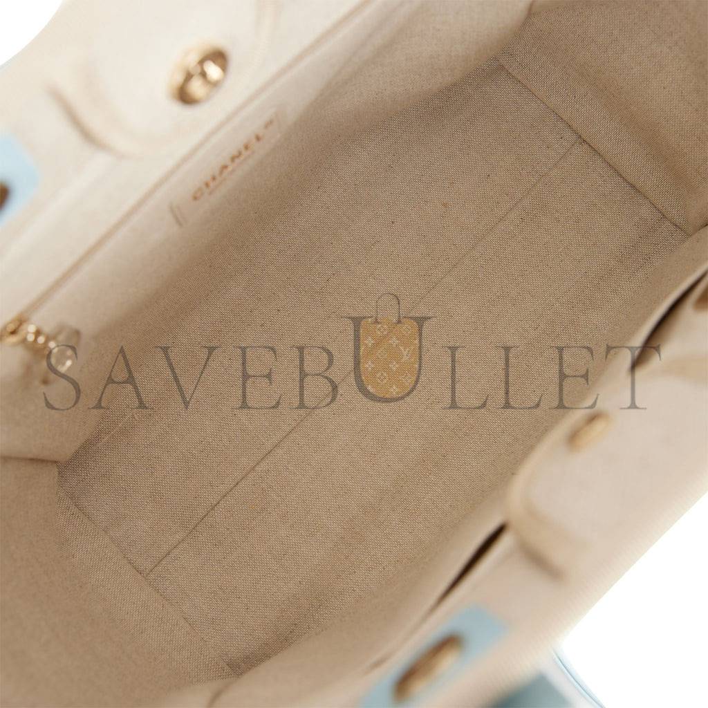 Ch*el small deauville shopping bag blue and beige boucle light gold hardware (34*27*15cm)