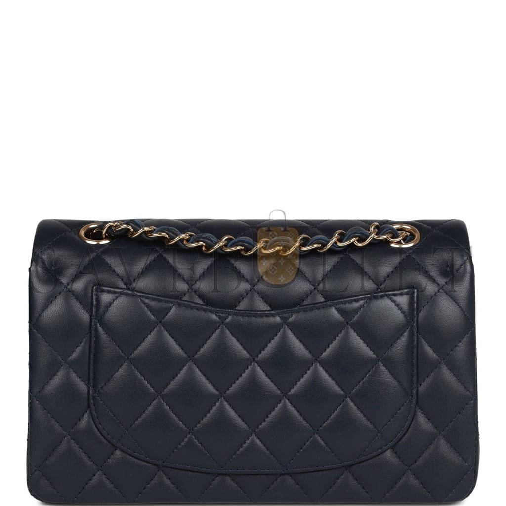 Ch*el small classic double flap navy lambskin light gold hardware (23*13*6cm)