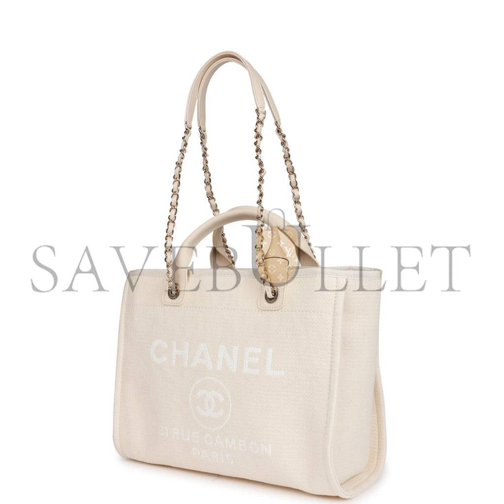 Ch*el large deauville shopping bag white boucle light gold hardware (41*28*15cm)