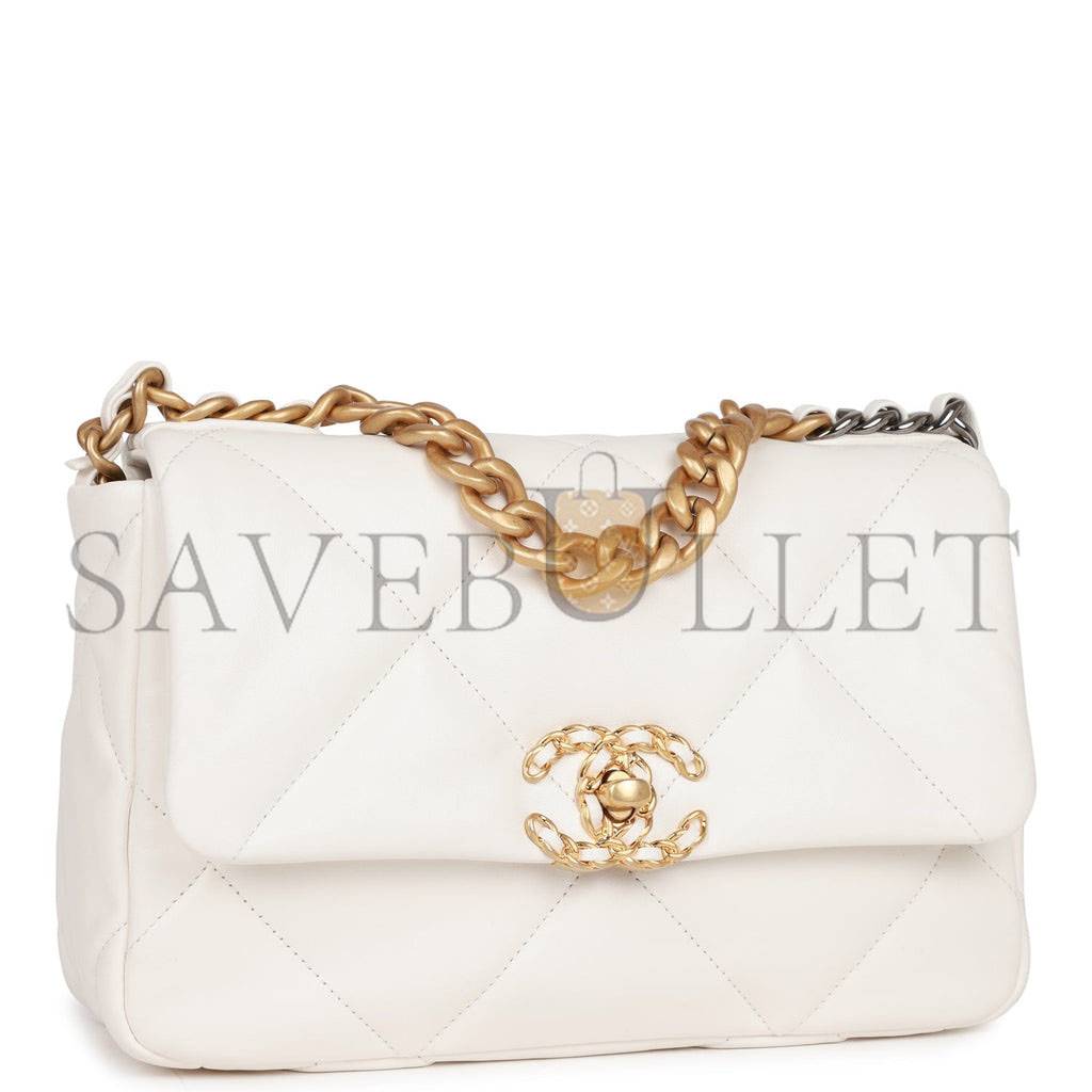 Ch*el medium 19 flap bag white calfskin mixed hardware (25*16*9cm)