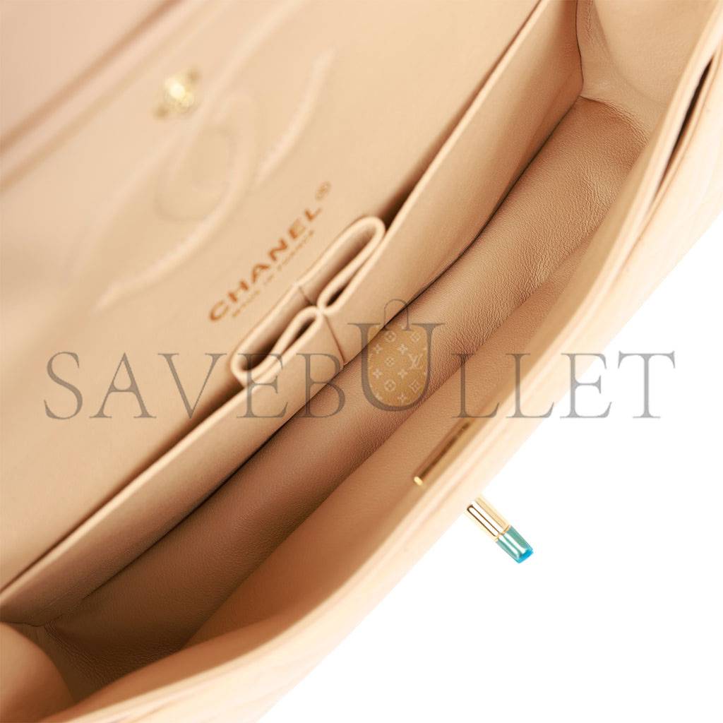 Ch*el medium classic double flap bag beige lambskin light gold hardware (25*15*7cm)