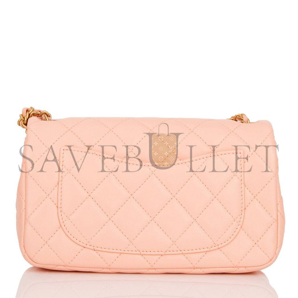 Ch*el pearl crush mini rectangular flap bag peach lambskin antique gold hardware (20*13*6cm)