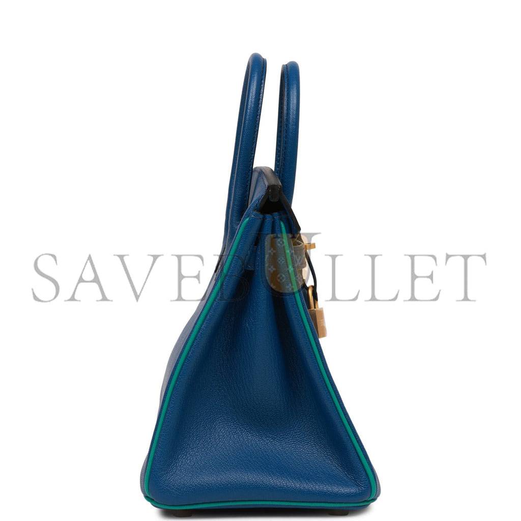H**mes special order (hss) birkin 25 bleu saphir and vert vertigo chevre brushed gold hardware handmade (25.cm)