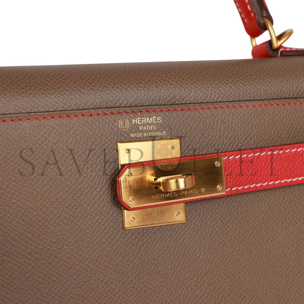 H**mes special order (hss) kelly sellier 28 etoupe and rouge tomate epsom brushed gold hardware (28*22*10cm)