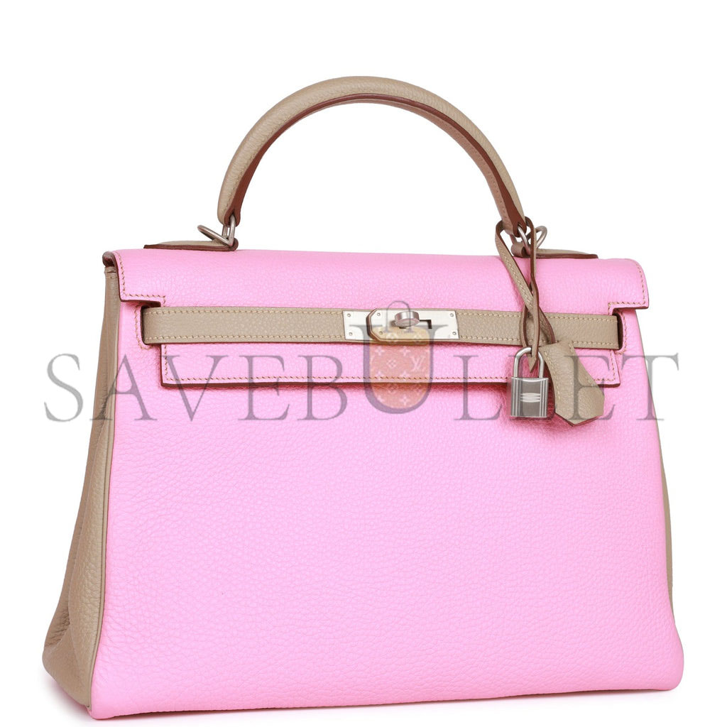 H**mes special order (hss) kelly retourne 32 bubblegum and gris tourterelle clemence brushed palladium hardware (32*23*10.5cm)