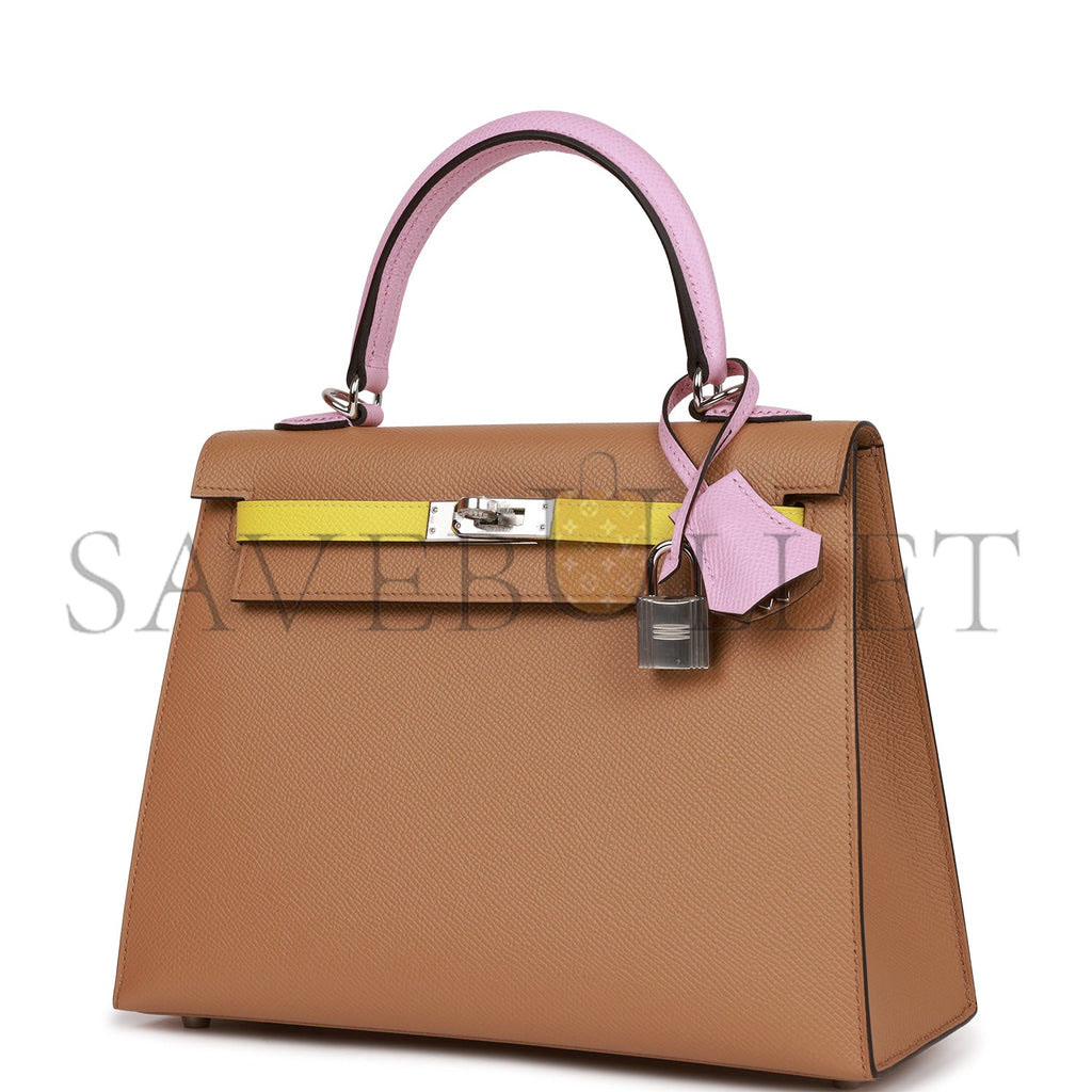 H**mes kelly sellier 25 tri-color chai, lime and mauve sylvestre epsom palladium hardware(25*17*7cm)