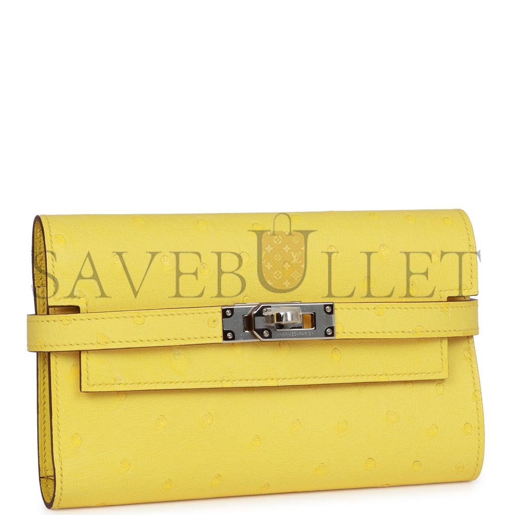 H**mes medium kelly depliant wallet jaune citron ostrich palladium hardware (15*10*3cm)
