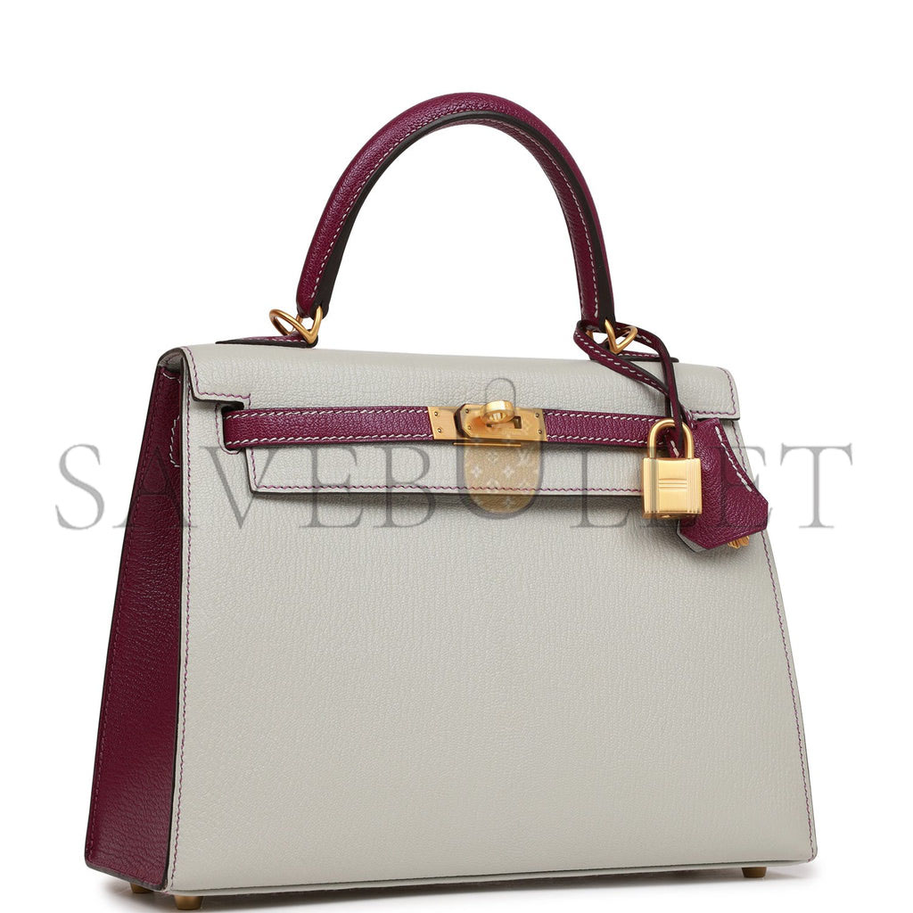 H**mes special order (hss) kelly sellier 25 gris perle and anemone chevre brushed gold hardware handmade(25*17*7cm)