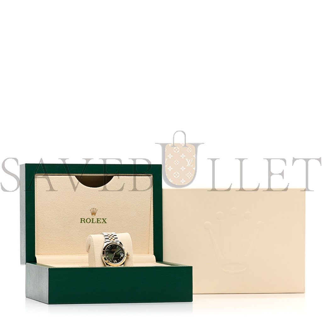 r*l*x stainless steel 18k yellow gold Di*m*nd 31mm oyster perpetual datejust watch olive green roman 278273